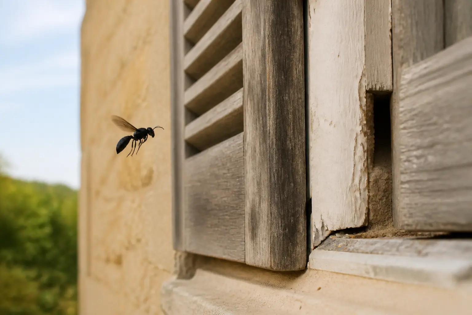 Guêpe noire solitaire près d’une façade, volant au bord d’un volet et d’une cavité murale en lumière naturelle