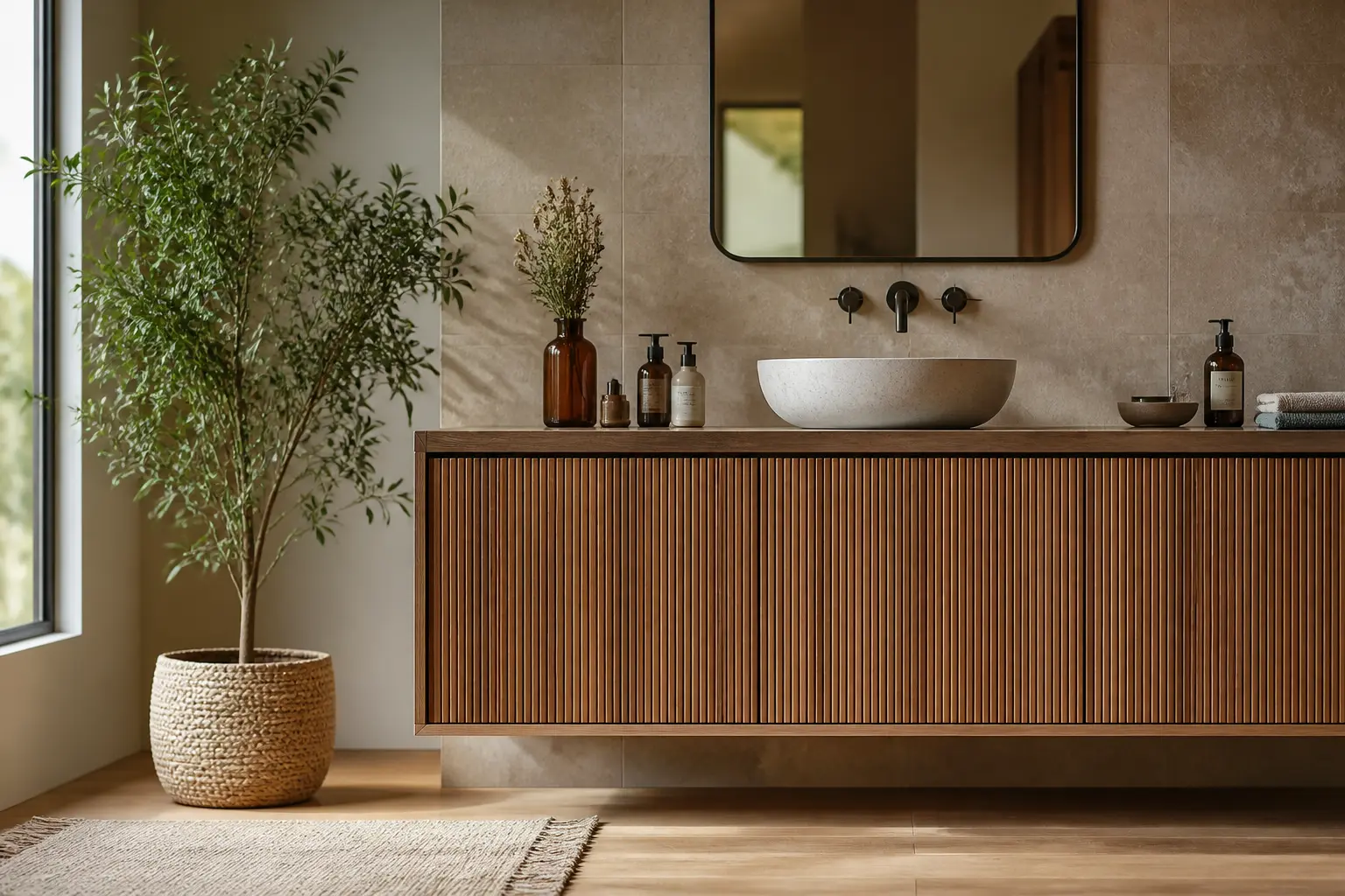 Hauteur vasque salle de bain : meuble vasque moderne, miroir et robinet dans une salle de bain élégante, ambiance rénovation.