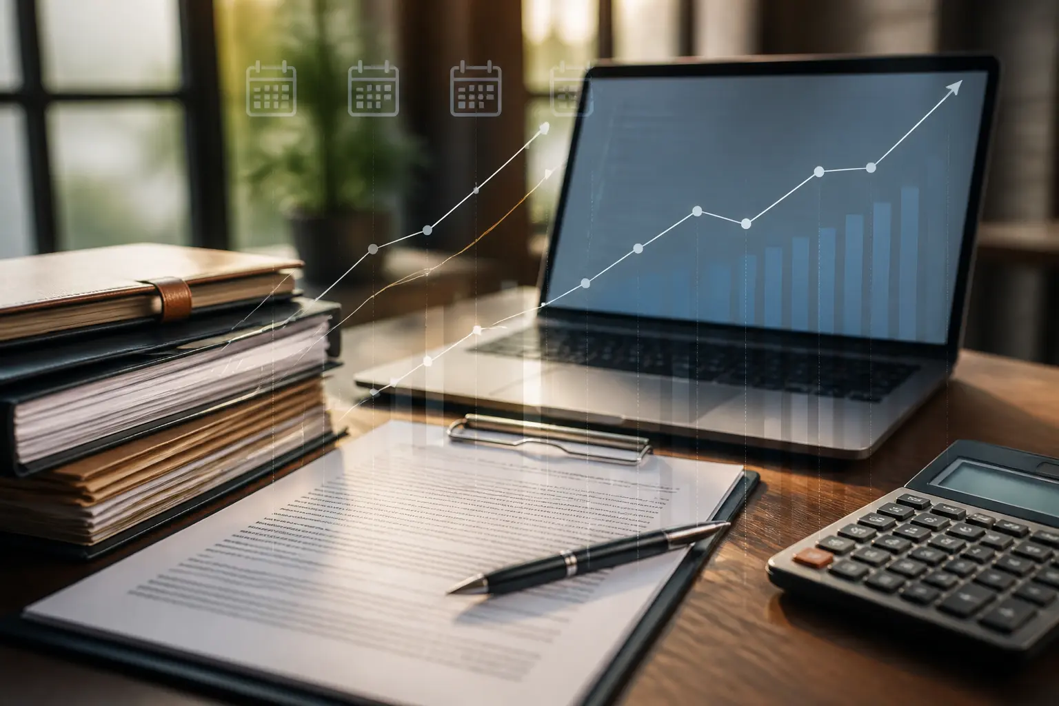 Bureau professionnel avec contrat d’assurance, calculatrice et graphique trimestriel, illustrant l’indice ri en hausse