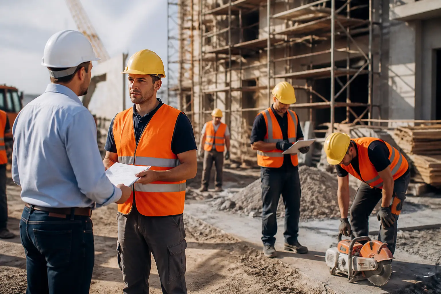interim btp sur chantier français: chef de projet et ouvriers en sécurité, outils, échafaudages, structure en cours