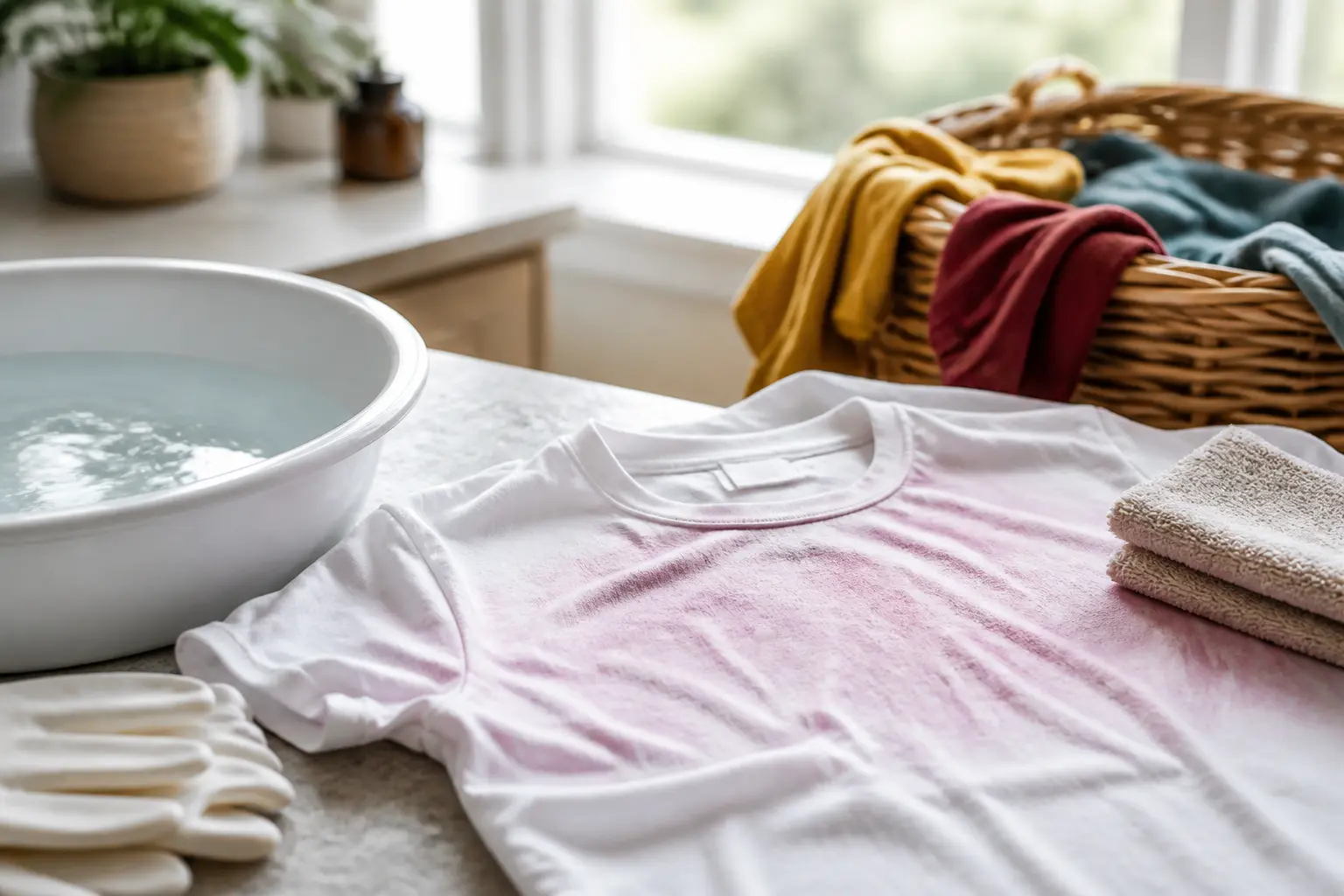 Linge déteint astuce grand-mère : T-shirt blanc légèrement rosé, bassin d’eau froide et gants dans une buanderie calme.