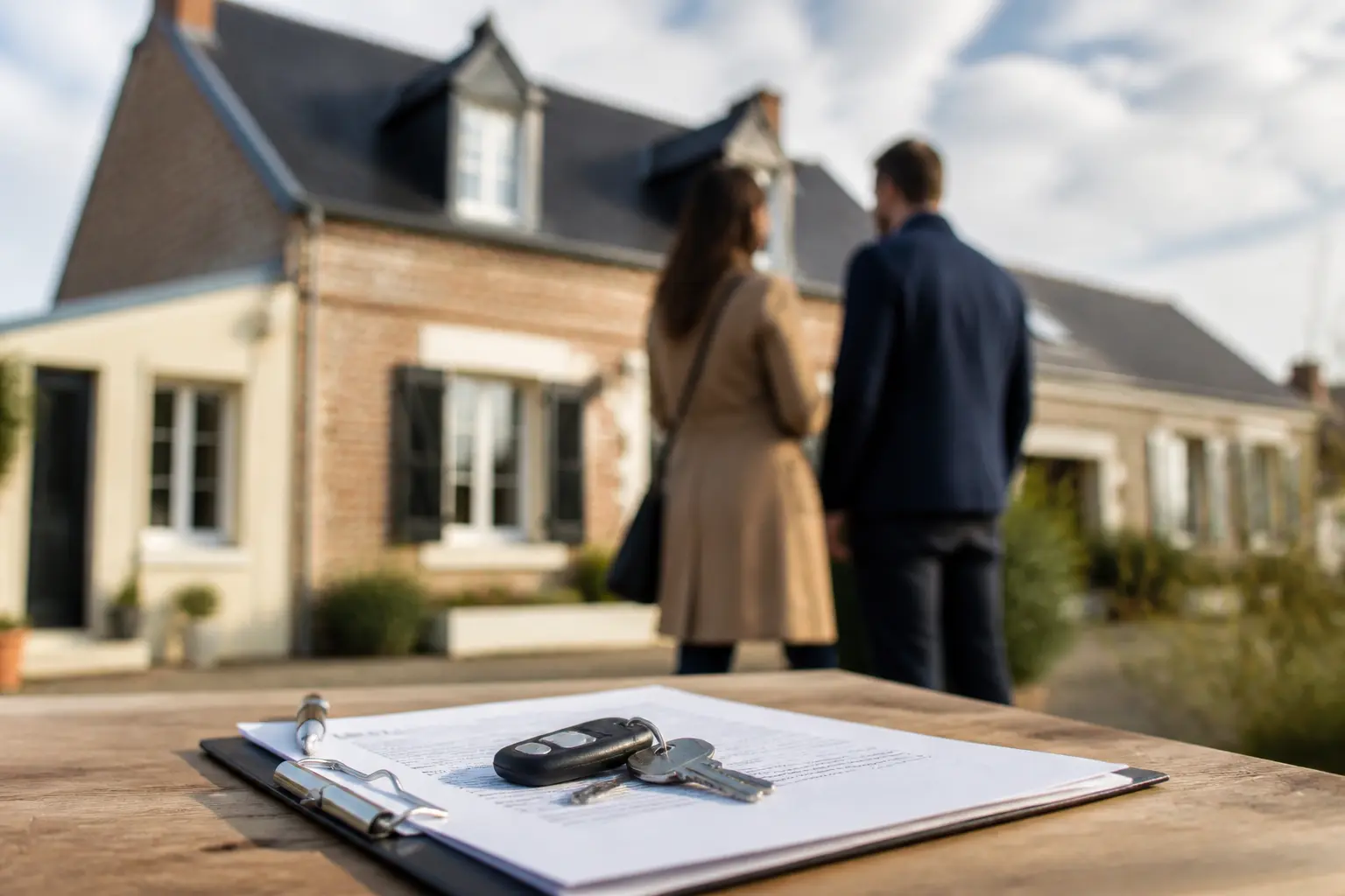 Maison à vendre cause divorce urgent 62 : maison de quartier, couple flou, documents, clés et agent immobilier.