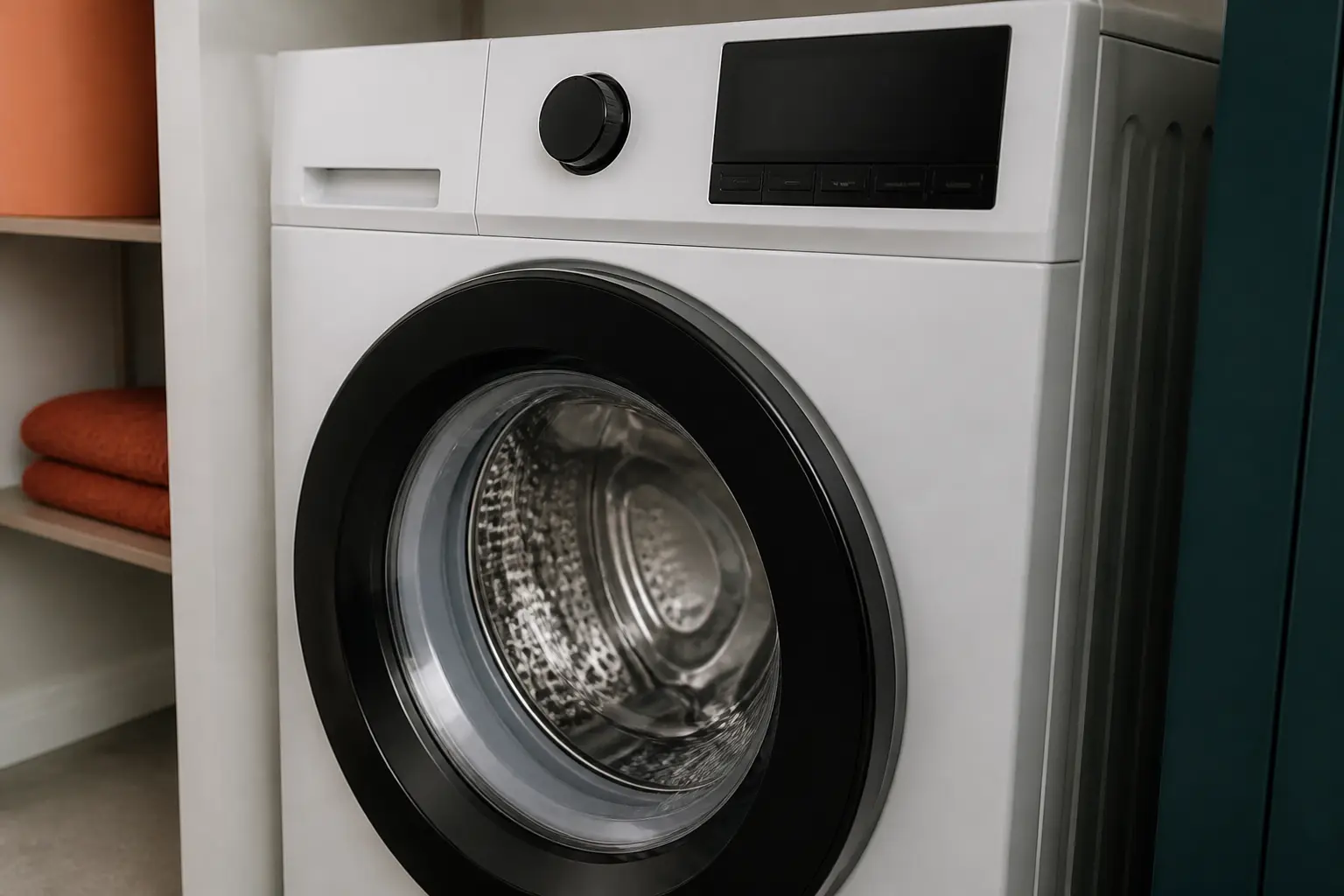 Lave-linge frontal en gros plan dans une buanderie, illustrant une marque de lave-linge à éviter pour un article SEO