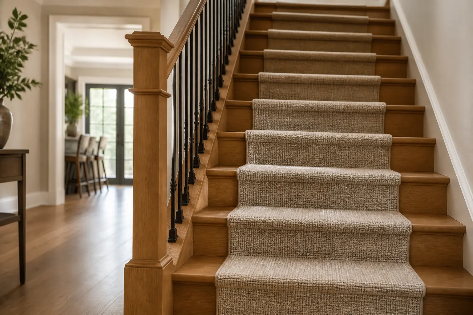 Moquette pour escalier sur escalier en bois, intérieur chaleureux, texture douce, sécurité et confort au quotidien