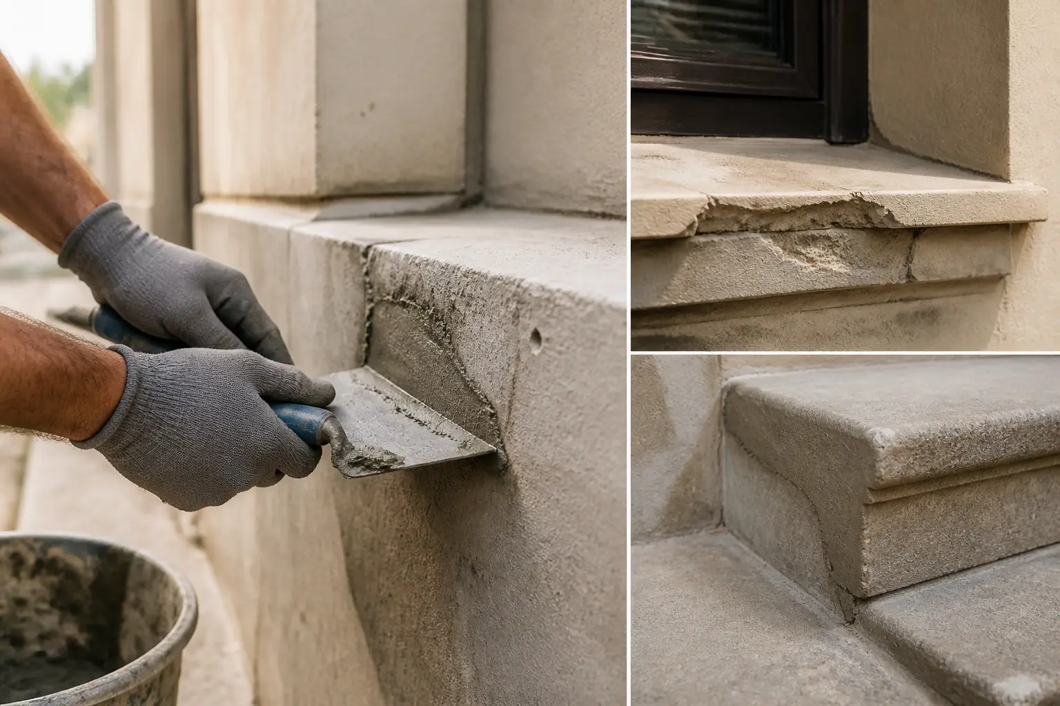 Mortier de réparation appliqué sur béton et maçonnerie, main d’ouvrier, fissures et rebords abîmés réparés.