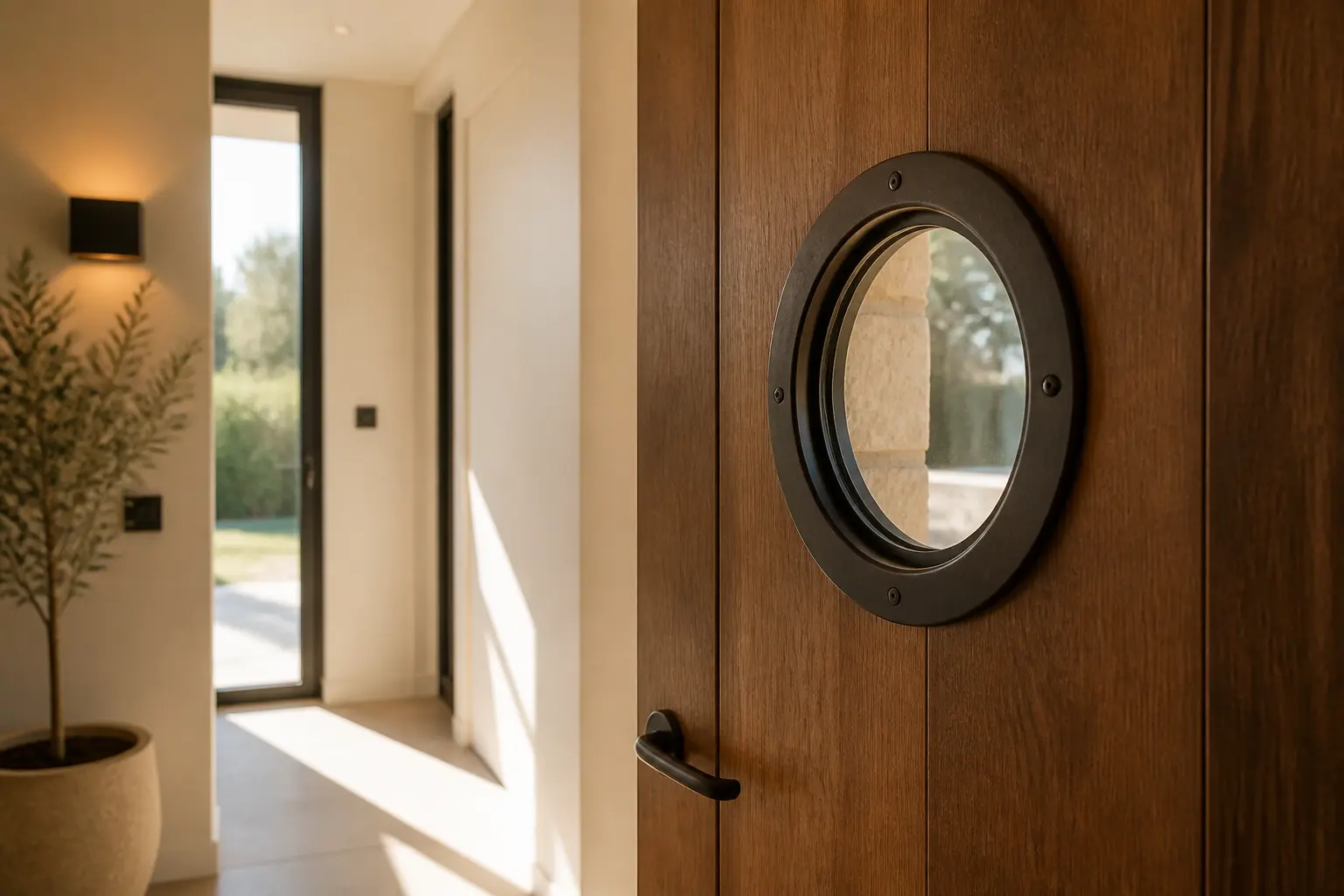 Oculus porte intégré à une porte moderne, lumière naturelle, intérieur contemporain, détail architectural élégant