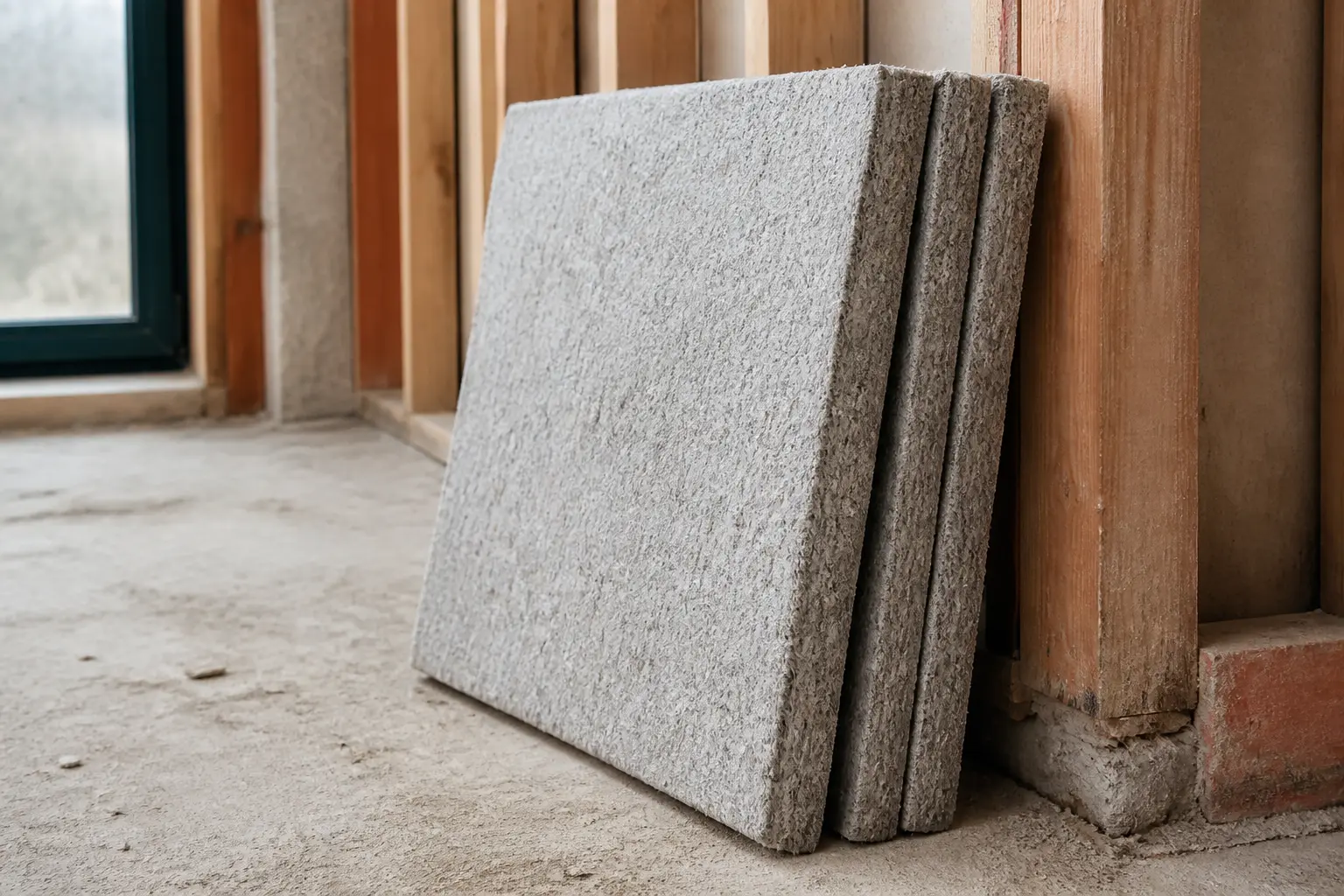 Panneaux d’ouate de cellulose panneau semi-rigides appuyés contre une ossature bois sur chantier de rénovation intérieure