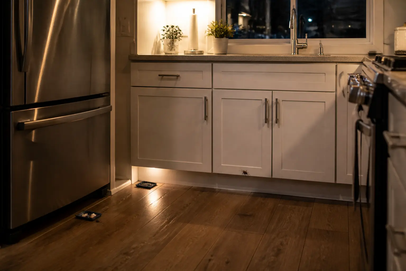 Cuisine moderne propre la nuit avec piege a cafard discret près de l’évier et du réfrigérateur, surveillance d’infestation.