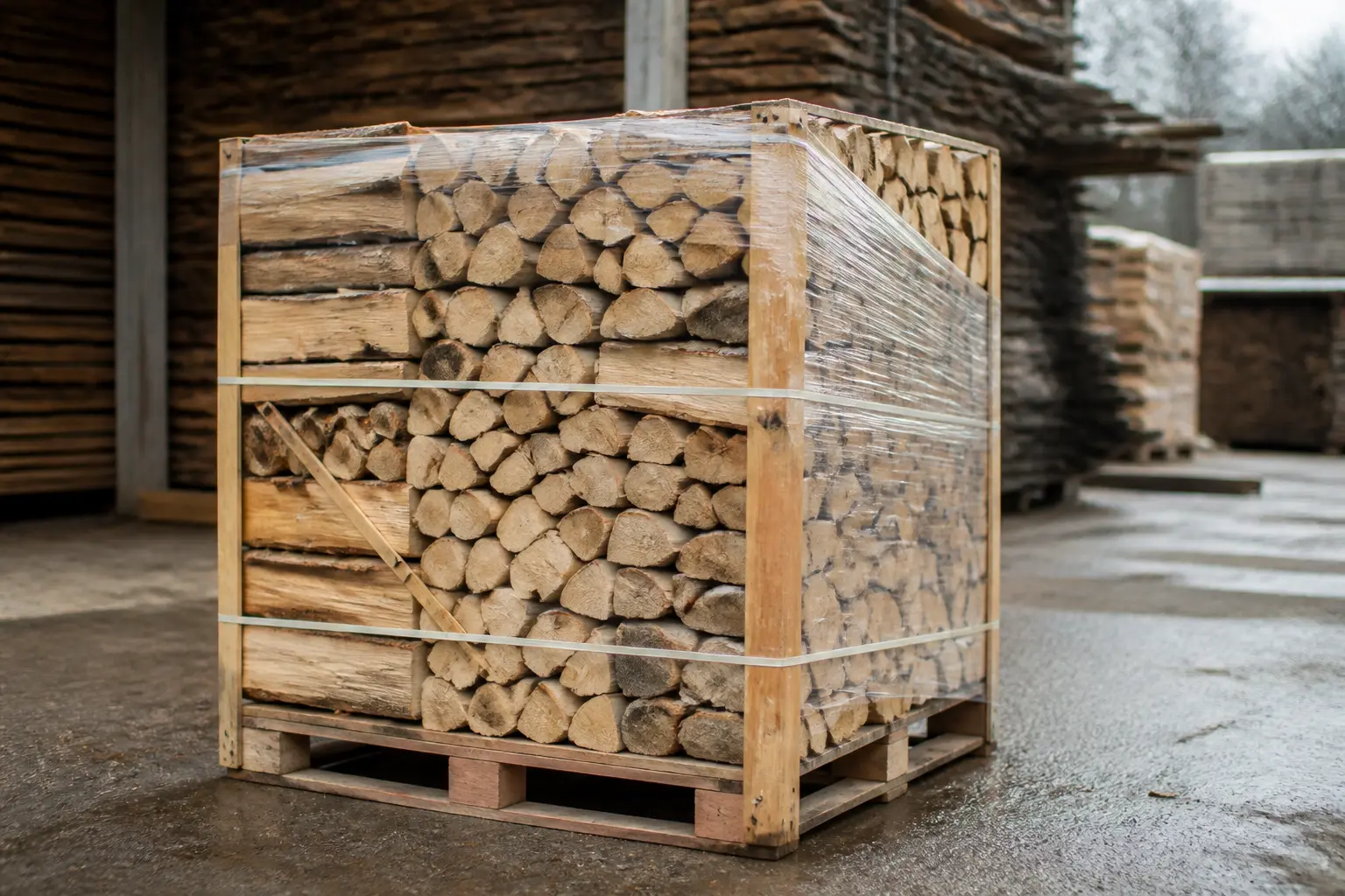 Pallet de bûches empilées en extérieur, illustrant le prix du stère de bois en 50 cm dans une cour à bois