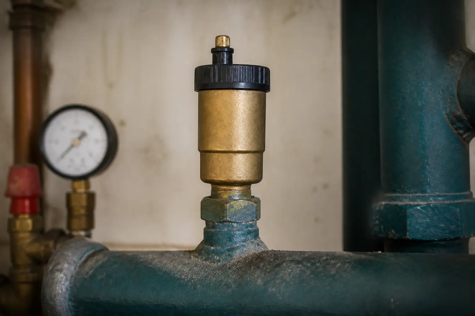 Purgeur automatique sur tuyau de chauffage dans une chaufferie, gros plan réaliste sur installation technique.