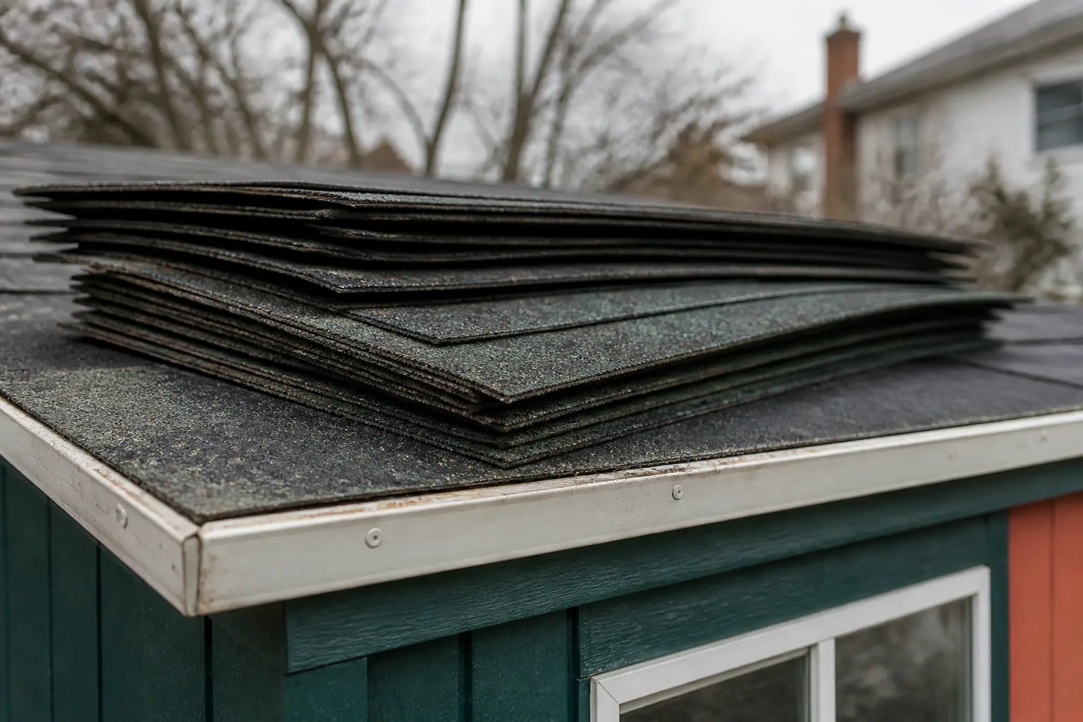 Shingle toiture en cours de rénovation sur l’arête d’un petit toit d’abri de jardin, vue rapprochée réaliste.