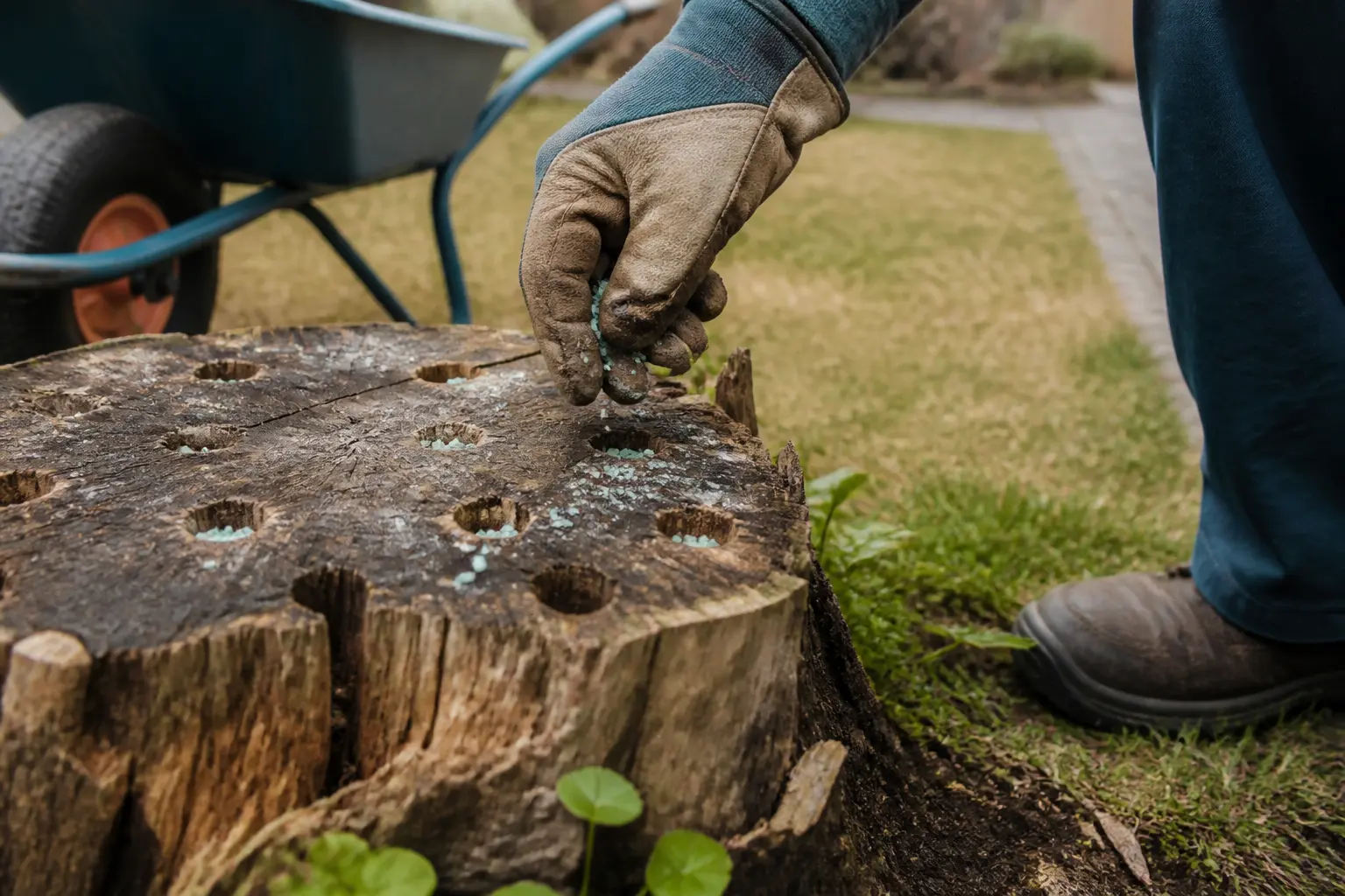 Destructeur de souche très puissant : main gantée versant des granules dans une vieille souche percée au jardin.