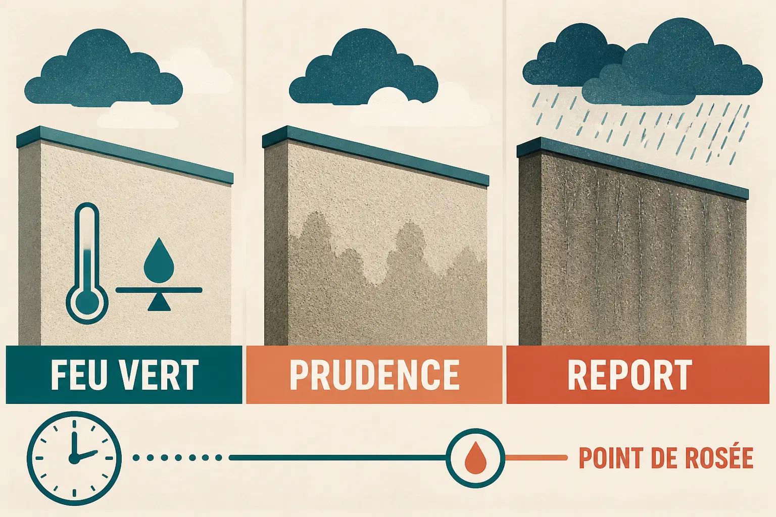 Tableau décisionnel sur l’enduit par temps humide : feu vert, prudence, report et point de rosée.
