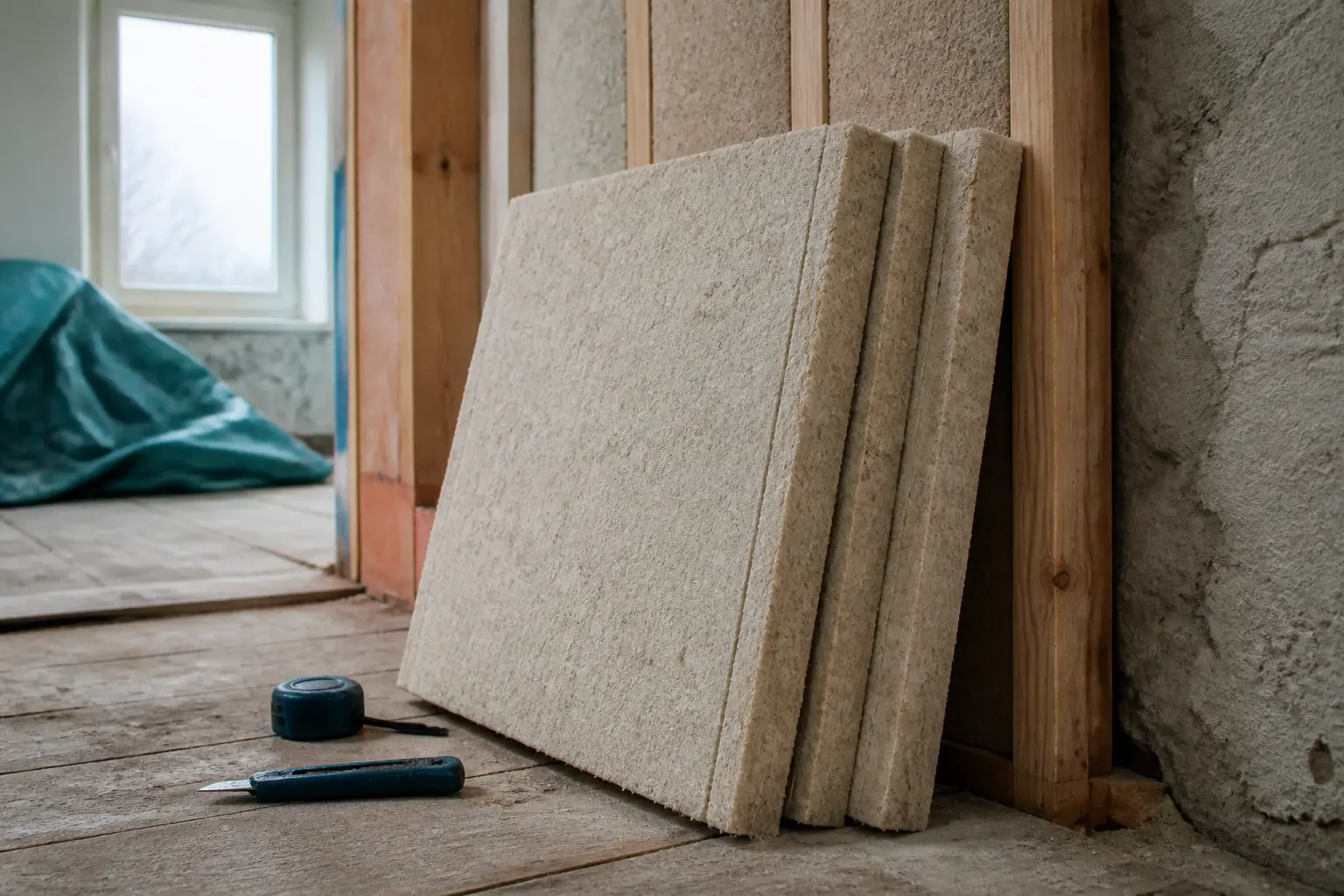 Ouate de cellulose panneau posée contre une ossature bois dans une pièce en rénovation, avec outils au sol.