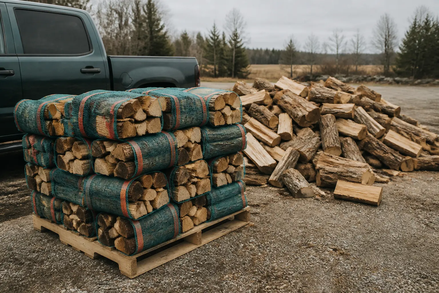 Prix du stère de bois en 50 cm : palette de bûches et tas de bois en vrac sur une aire de livraison.
