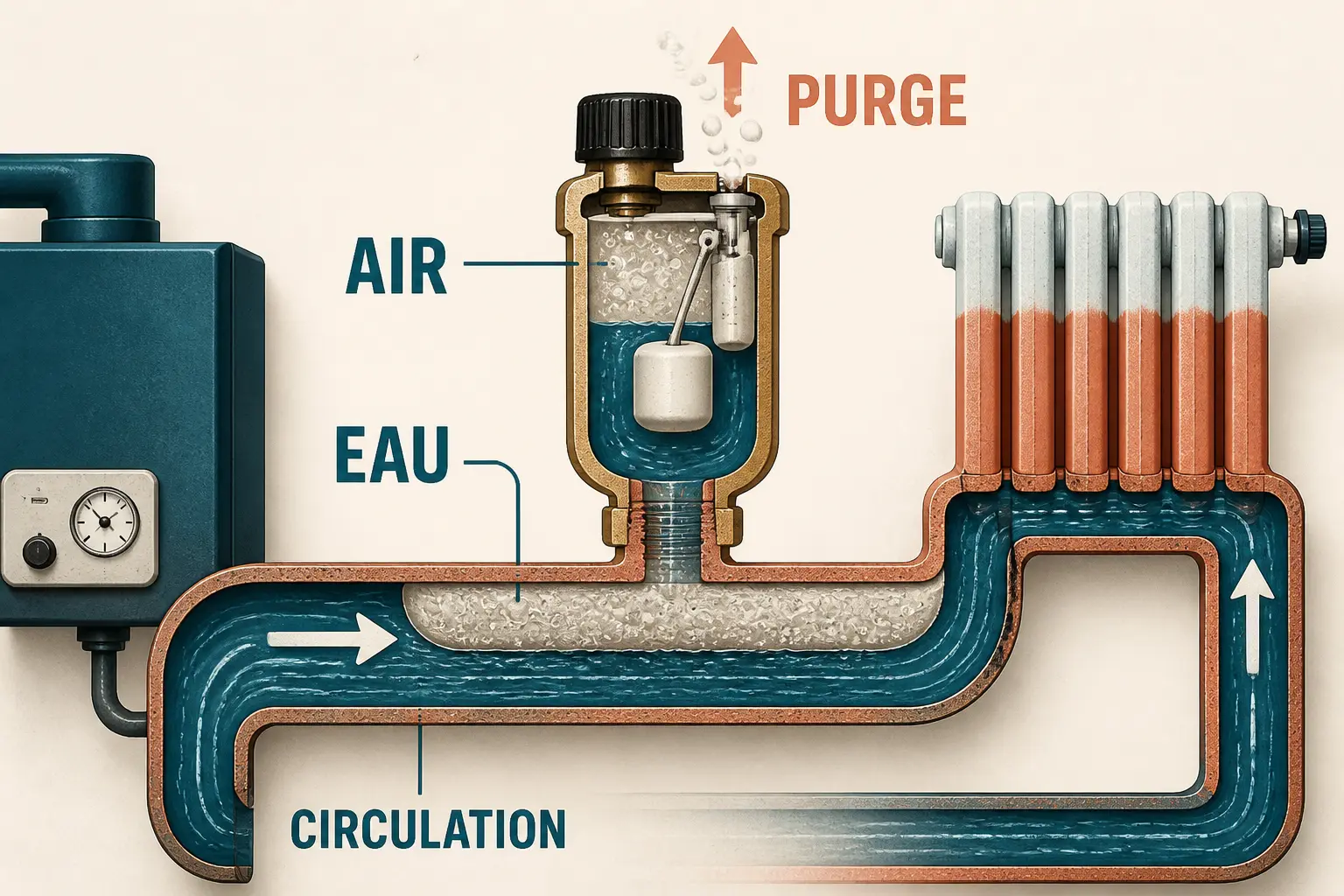 Schéma d’un purgeur automatique sur circuit de chauffage, avec air évacué, eau circulant et radiateur partiellement froid.