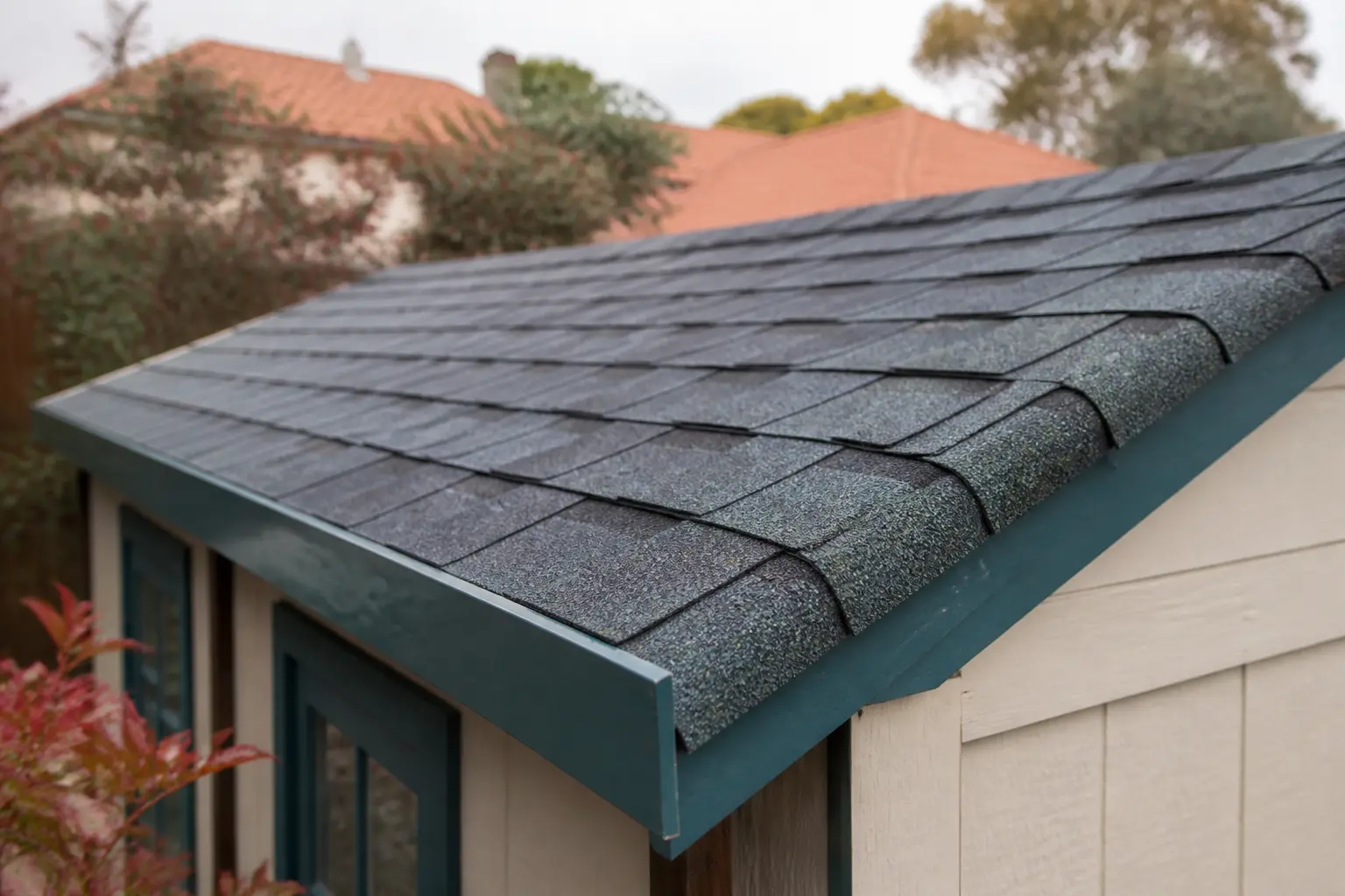 Shingle toiture sur un abri de jardin, gros plan sur bardeaux bitumés et rive sous ciel couvert