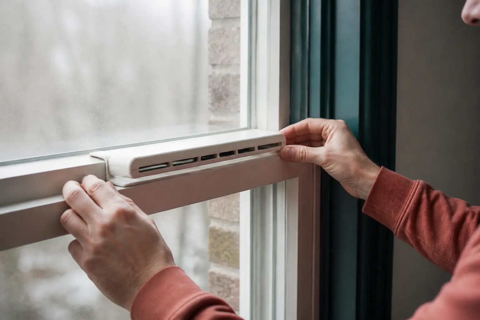 Aération fenêtre sans percer sur fenêtre d’appartement, ventouse de ventilation clip-on en gros plan, lumière naturelle douce