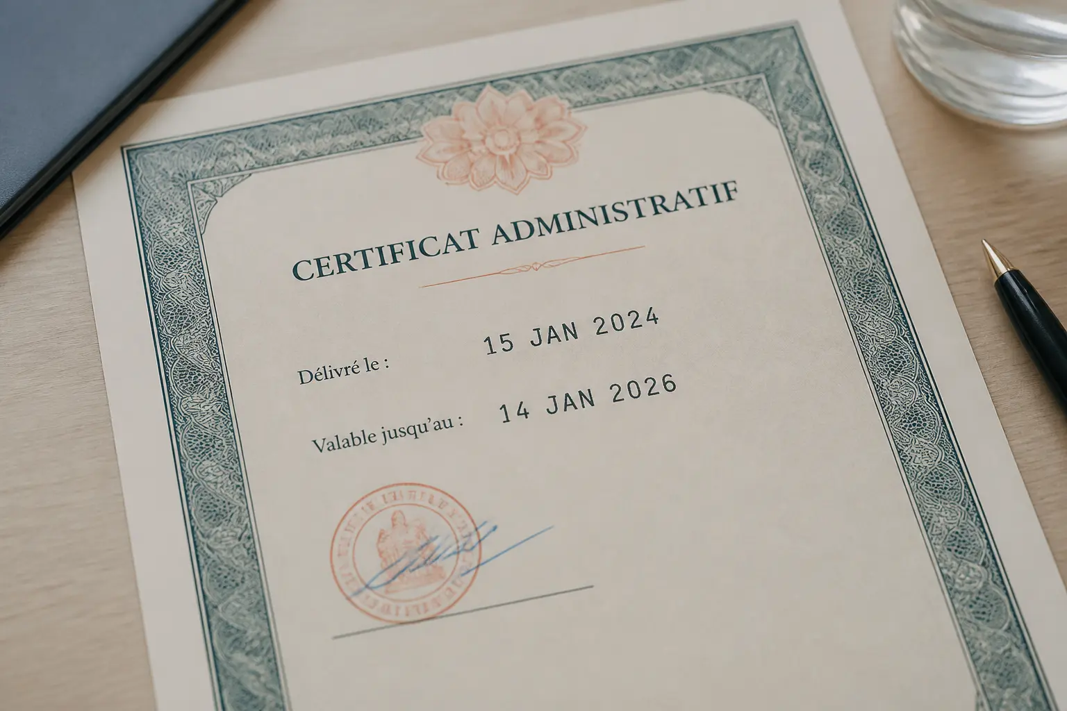 Attestation de régularité sociale tamponnée sur un bureau administratif, vue rapprochée avec dates visibles et lumière douce.