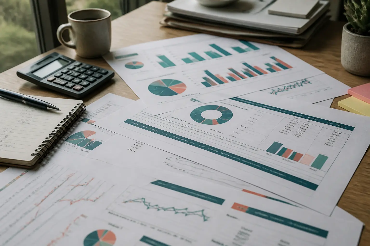 Bureau SME avec tableaux financiers, calculatrice et notes de trésorerie pour un daf externalisé, vue rapprochée.