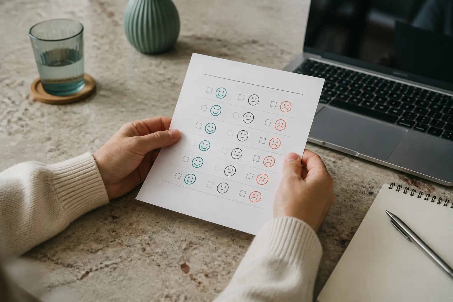 Exemple questionnaire de satisfaction tenu à la main sur une table de cuisine près d’un ordinateur portable et d’un carnet