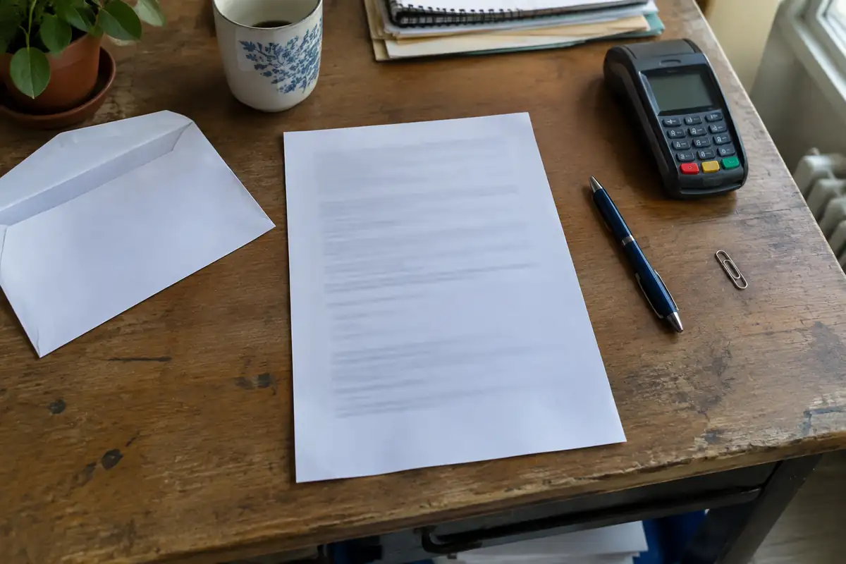 Feuille imprimée posée sur un bureau de gestion, stylo, enveloppe ouverte et terminal de paiement
