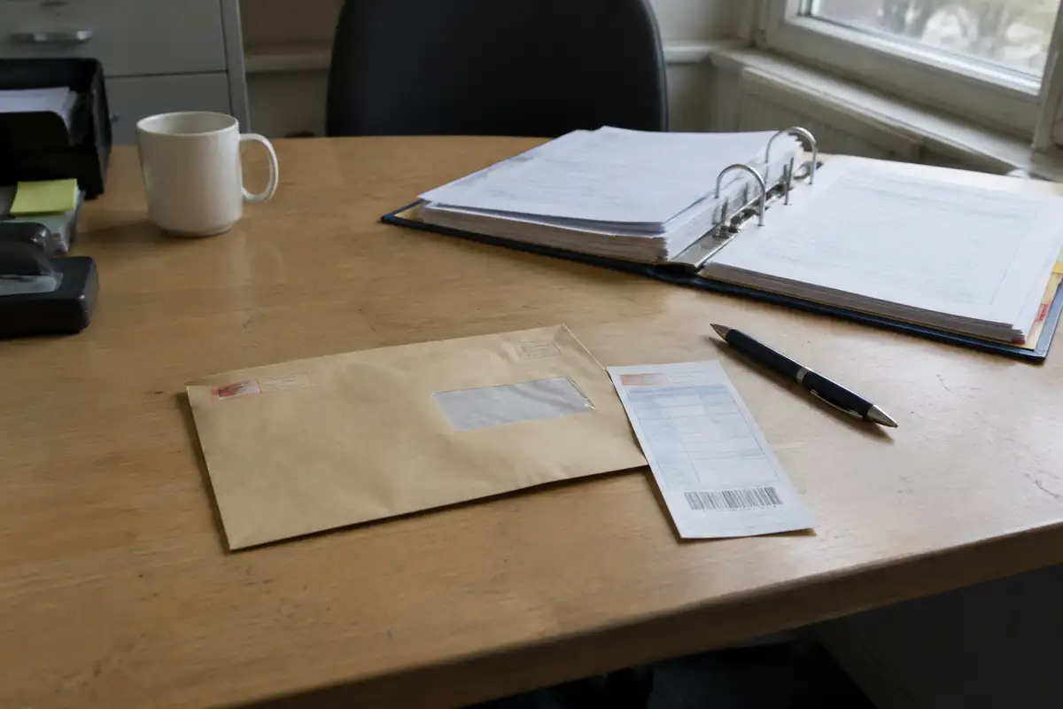 Enveloppe de lettre recommandée et son avis de réception posés sur un bureau, à côté d'un classeur ouvert