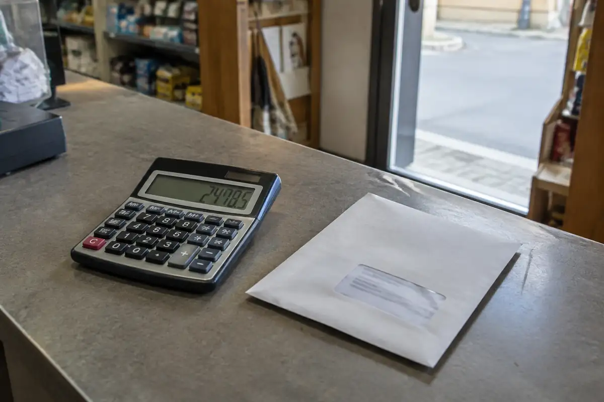 Calculatrice et courrier plié sur le comptoir d'une boutique