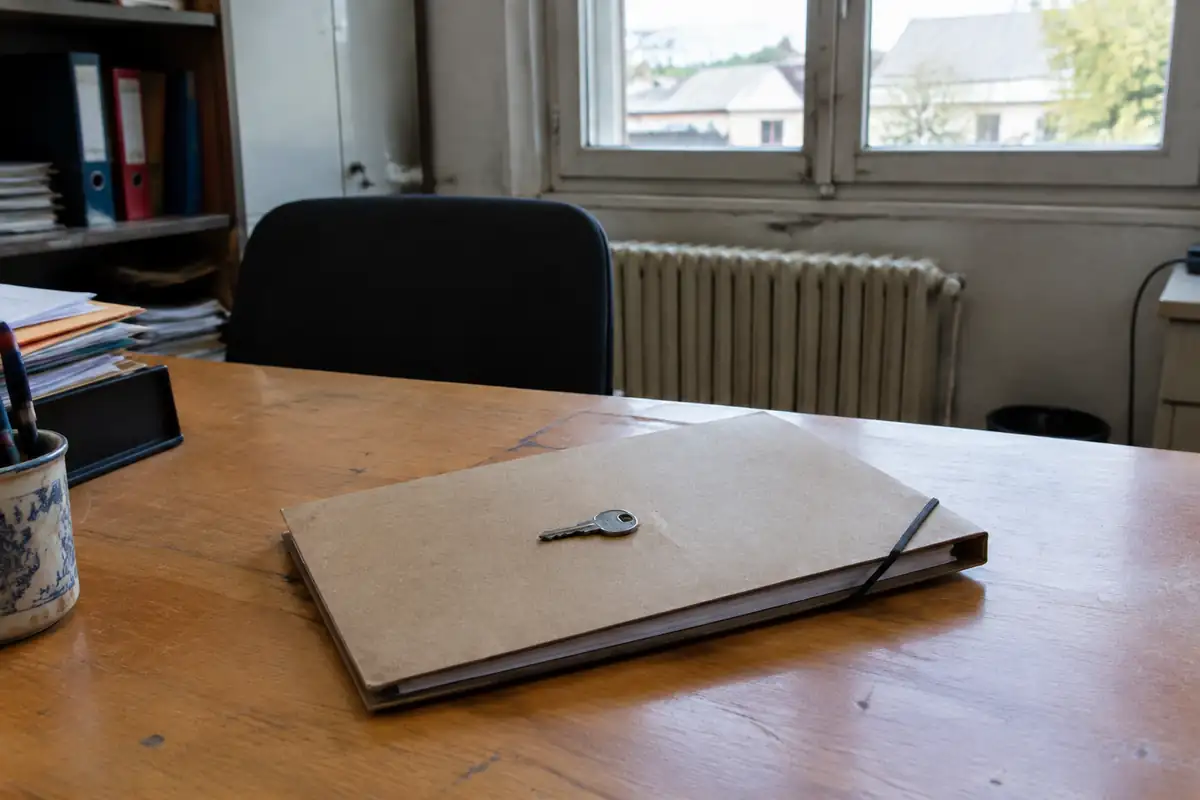 Clé posée sur un dossier fermé en carton sur une table