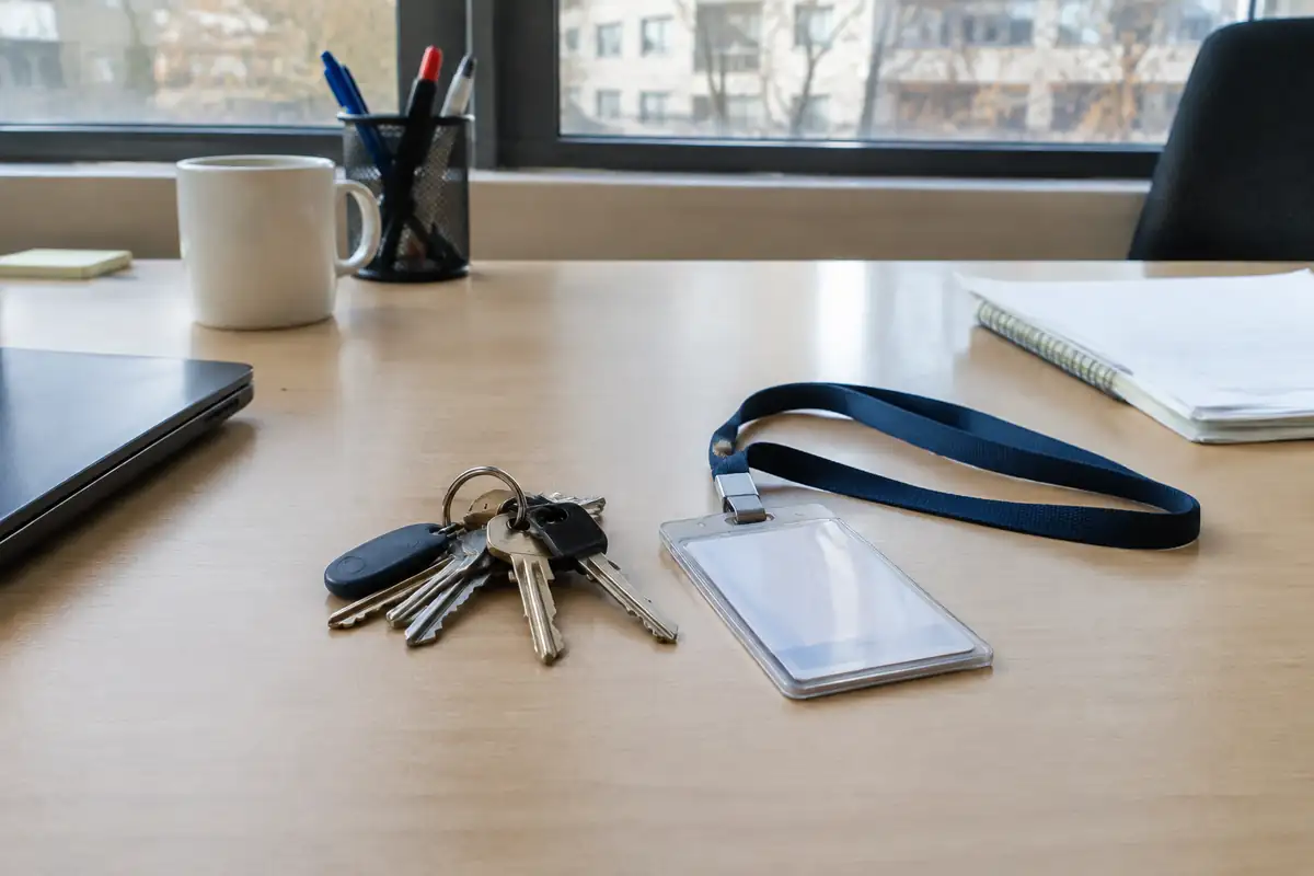 Trousseau de clés et badge d'accès posés sur un bureau propre