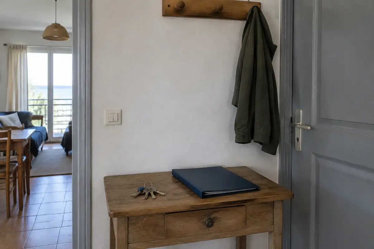 Trousseau de clés et chemise fermée posés sur une console d'entrée d'appartement