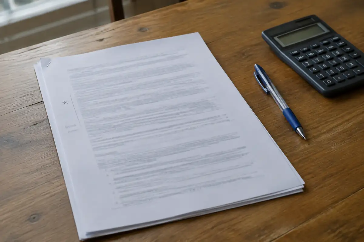 Contrat agrafé posé sur une table avec un stylo et une calculatrice