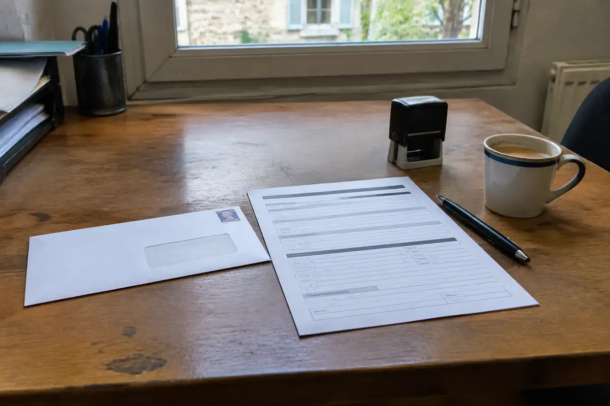 Enveloppe, formulaire à remplir, tampon encreur, stylo et tasse de café posés sur un bureau devant une fenêtre