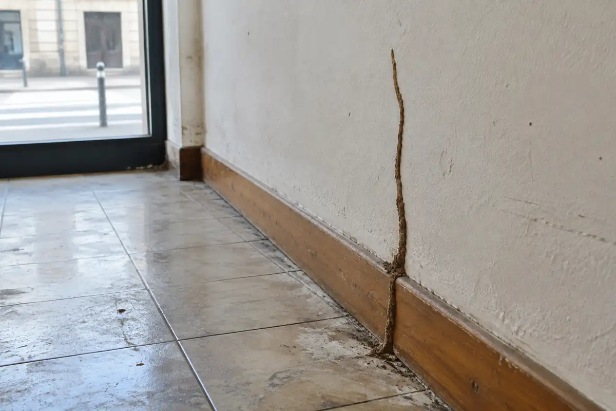 Galerie-tunnel de terre laissée par des termites le long d'une plinthe en bois dans un local commercial vide