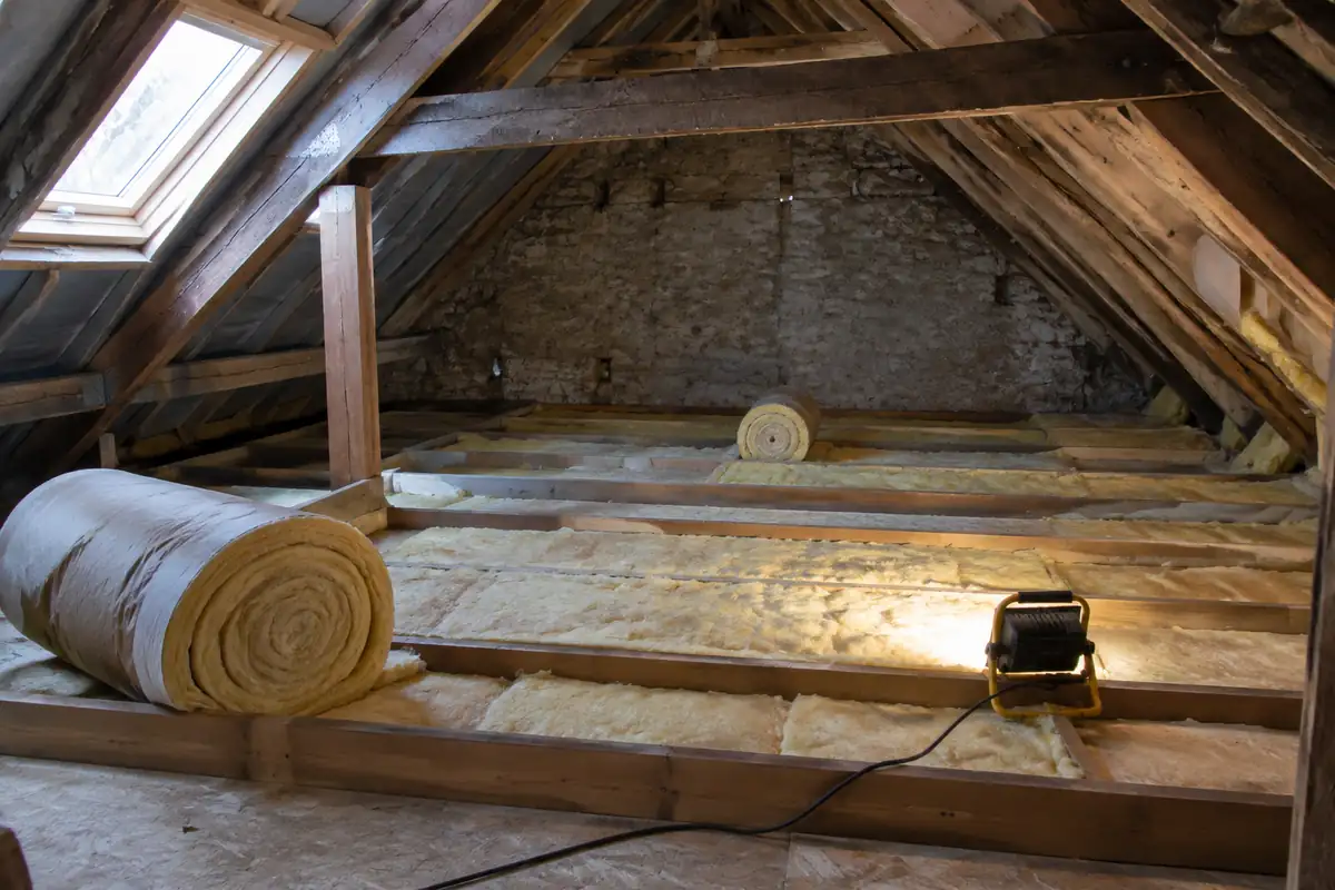 Combles en cours d'isolation avec rouleaux de laine minérale