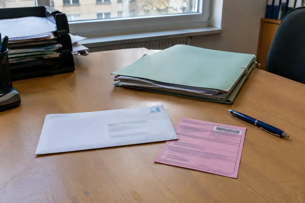 Lettre recommandée et son avis de réception posés sur un bureau près d'un dossier de bail