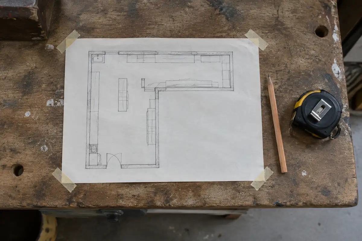 Plan dessiné à la main d'une boutique en L, scotché sur un établi, avec un crayon et un mètre ruban