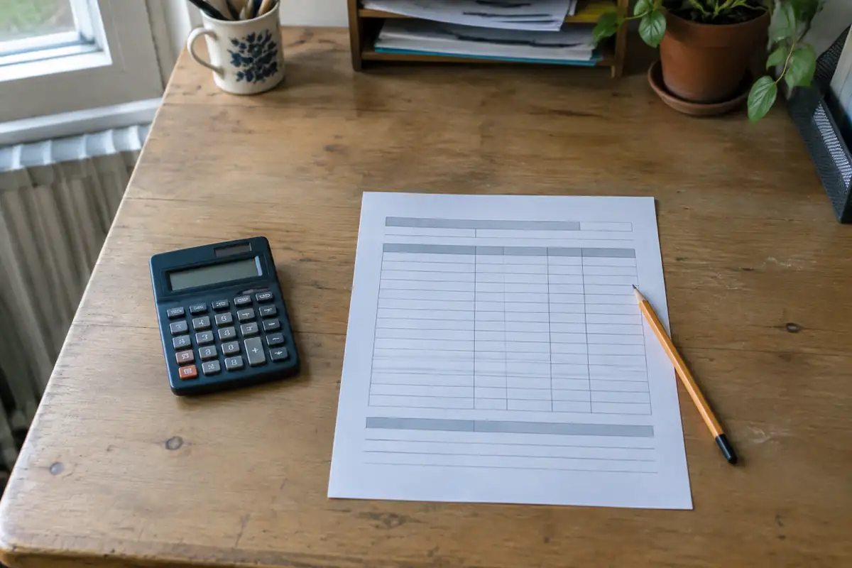 Calculatrice, tableau d'échéancier vierge et crayon posés sur un bureau en bois près d'une fenêtre